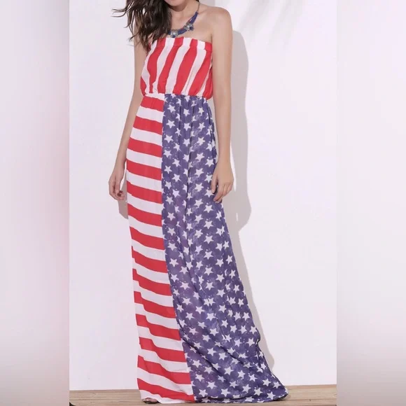 chinese dress ladies 4th of July American Flag Dress Sleeveless Stars Stripes Summer Maxi Dress  with Pockets